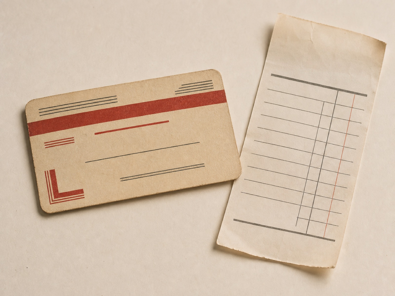 Illustrative reconstruction of an early charge card and restaurant receipt
