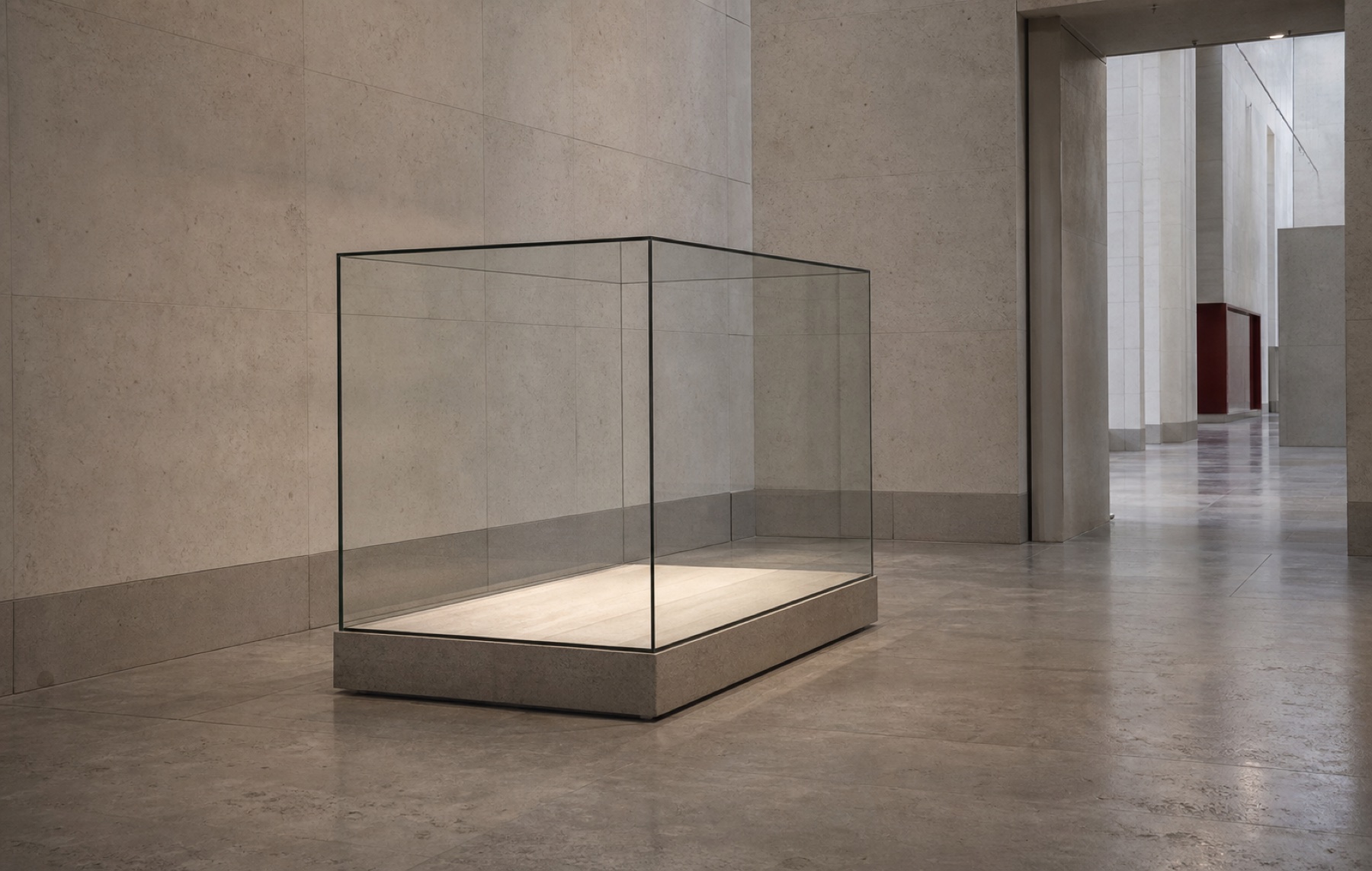 An empty display case in a quiet contemporary museum gallery